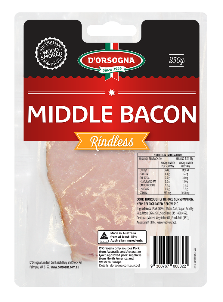 Middle Rib Bacon Rindless 250g – D’Orsogna