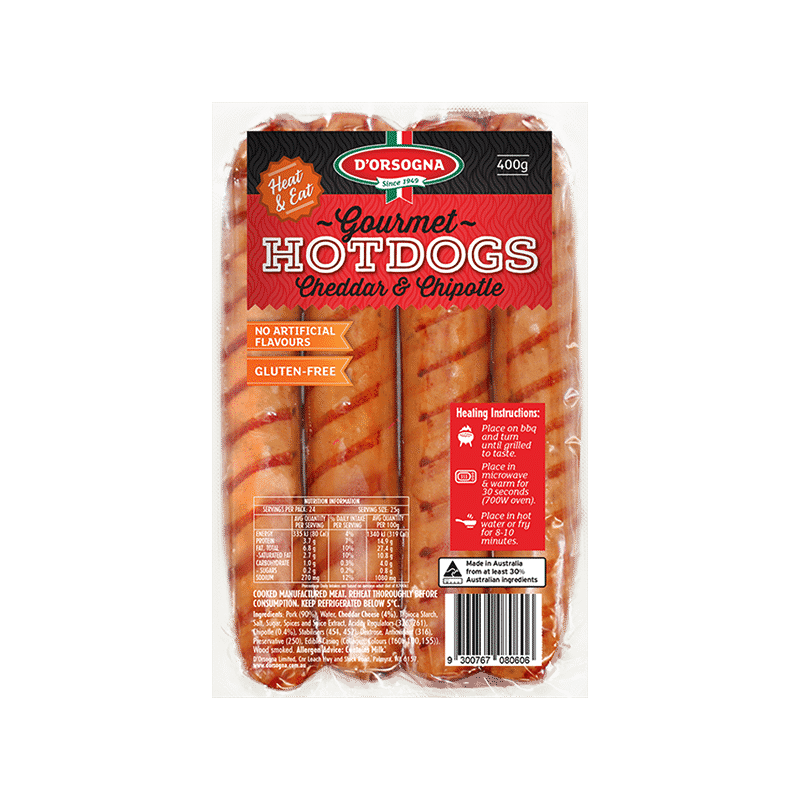 Gourmet Hotdogs Cheddar & Chipotle 400g