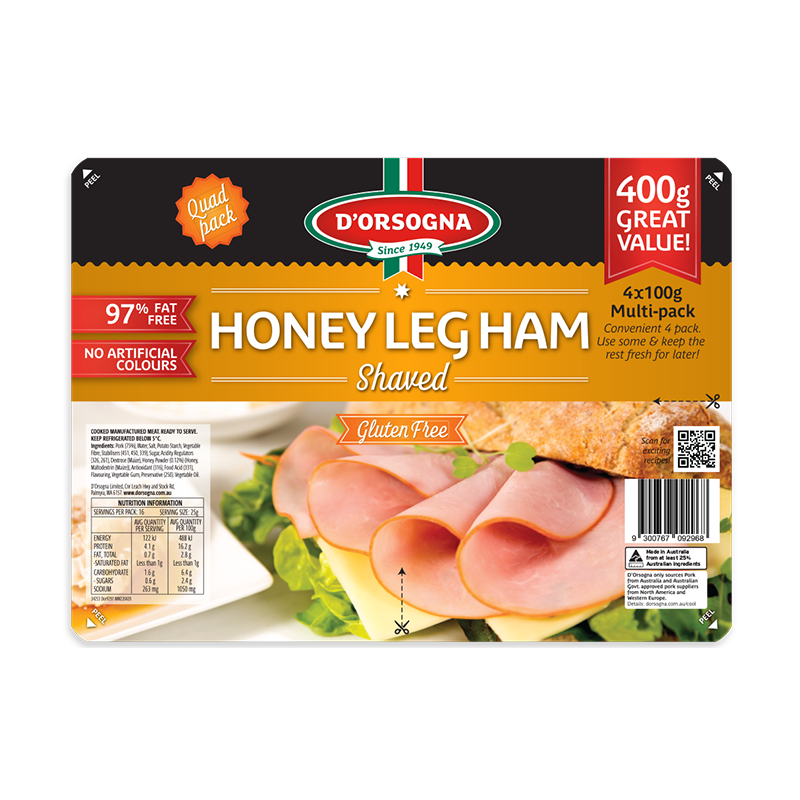 Honey Leg Ham shaved Quad pack 400g – D’Orsogna