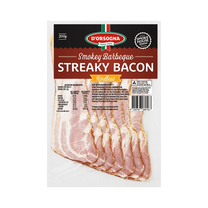 Smokey BBQ Streaky Bacon Rindless 200g