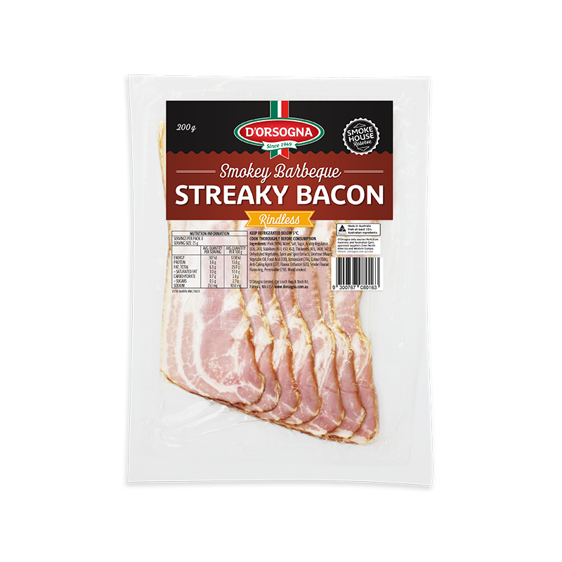 Smokey BBQ Streaky Bacon Rindless 200g